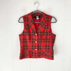 VTG Katherine Marie Petite Red Plaid Vest Gold Button Tartan Waistcoat Sz 6P